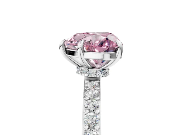 Fancy Pink Heart Cut Diamond Solitaire Engagement Ring with Pavé Band and Four-Prong Setting Silver