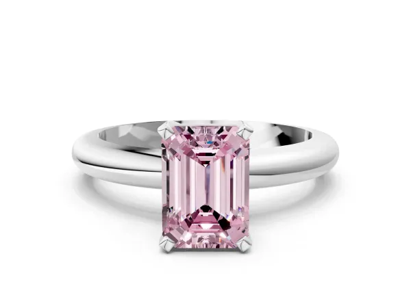 Fancy Pink Emerald Cut Diamond Solitaire Engagement Ring with Round Band and Four-Prong Setting Silver