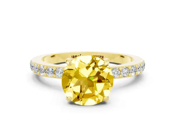 Round Cut Yellow Sapphire Solitaire Engagement Ring with Pavé Band and Four-Prong Setting Yellow gold