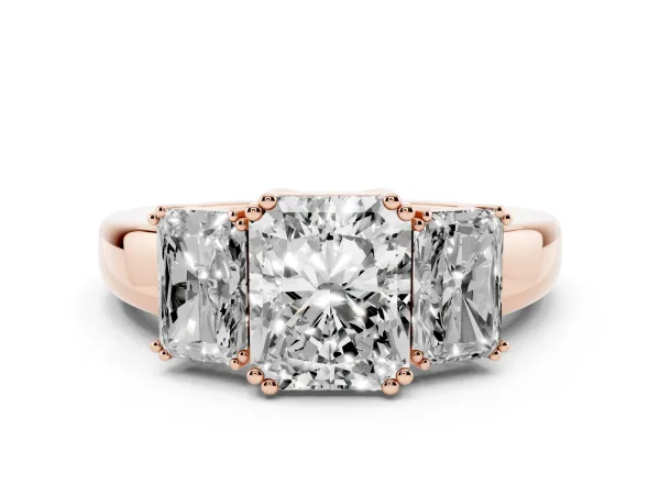 Three-Stone Radiant Cut Cut Diamond Ring with Channel Set Band and Four-Prong Setting Rose gold