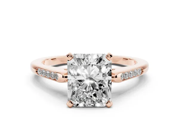 Radiant Cut Diamond Solitaire Ring with Channel Set Round Band and Prong Setting Rose gold