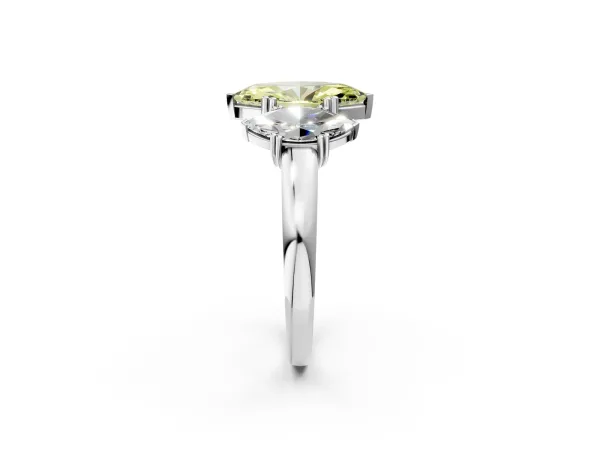Fancy Yellow Three-Stone Marquise Cut Cut Diamond Ring with Channel Set Band and Four-Prong Setting White gold