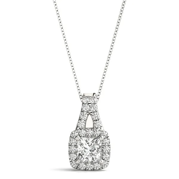 Cushion Halo Diamond Pendant with Princess Cut Stone and Four-Prong Setting Silver