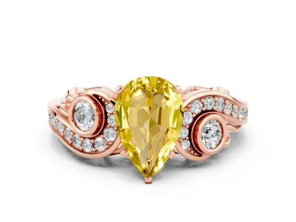 Pear Cut Yellow Sapphire Solitaire Ring with Milgrain Pavé Band and Four-Prong Setting Rose gold