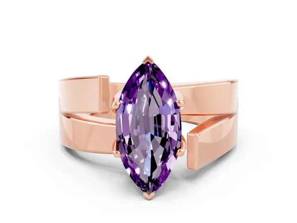 Modern Tension Set Marquise Cut Amethyst Solitaire Wide Band Ring Rose gold