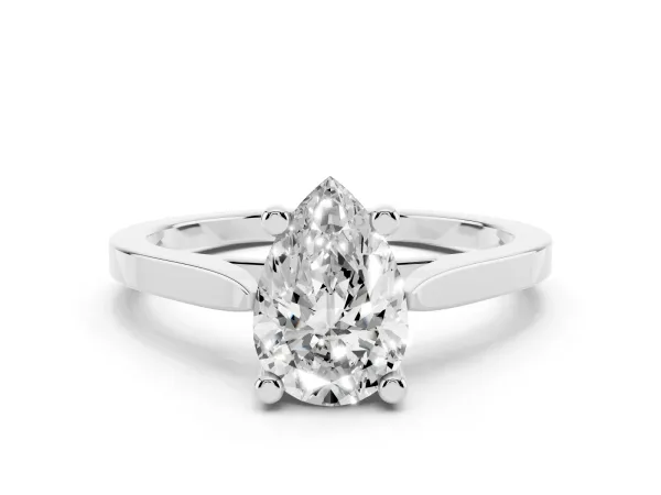 Pear Cut Solitaire Diamond Ring with Four-Prong Setting and Tapered Band Platinum