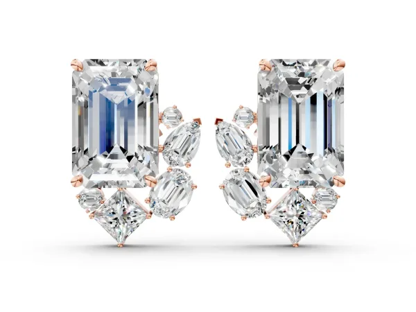Emerald Cut Diamond Stud Earrings with Round and Oval Accents Rose gold