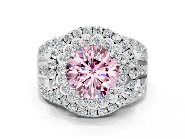 Fancy Pink Round Cut Diamond Double Halo Ring with Round Pavé Split Shank and Prong Setting White gold