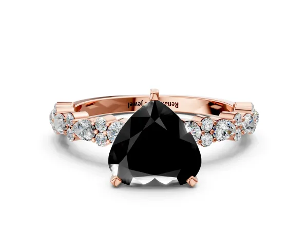 Fancy Black Heart Cut Diamond Side Stone Solitaire Ring with Round and Four-Prong Setting Rose gold