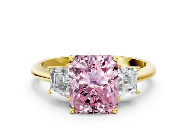 Fancy Pink Radiant Cut Diamond Three-Stone Ring with Trapezoid Side Stones and Prong Setting Yellow gold
