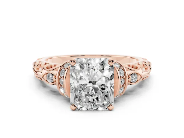 Radiant Cut Diamond Solitaire Ring with Filigree Band and Four-Prong Setting Rose gold
