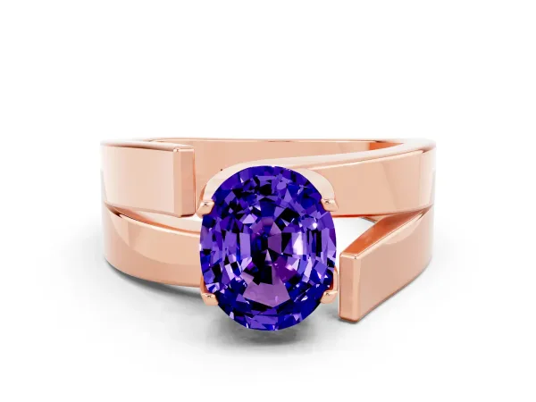 Modern Tension Set Oval Cut Tanzanite Solitaire Wide Band Ring Rose gold