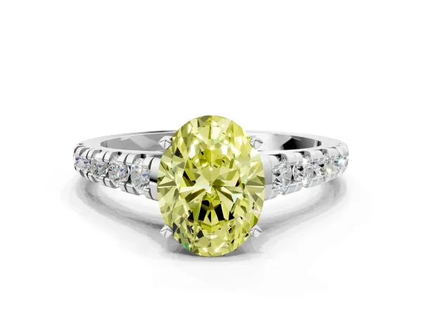Fancy Yellow Oval Cut Diamond Cathedral Solitaire Ring with Round Pavé Band White gold