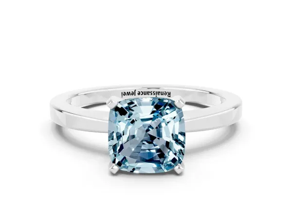 Cushion Cut Aquamarine Solitaire Engagement Ring with Classic Band and Four-Prong Setting Silver