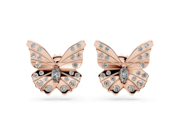 Round and Marquise Diamond Flutter Butterfly Stud Earrings Rose gold