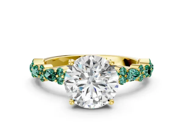 Round Cut Diamond Side Stone Solitaire Ring with Round Green Sapphire and Four-Prong Setting Yellow gold