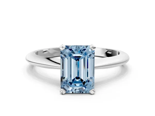 Fancy Blue Emerald Cut Diamond Solitaire Engagement Ring with Classic Band and Four-Prong Setting Silver