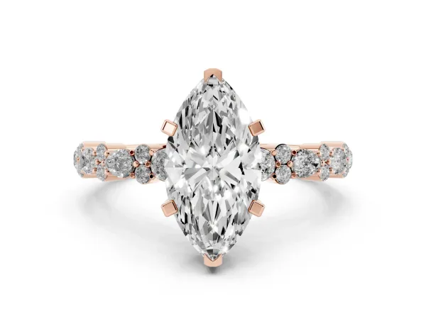 Marquise Cut Diamond Side Stone Solitaire Ring with Round and Four-Prong Setting Rose gold