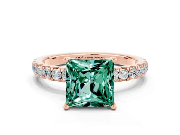 Princess Cut Green Sapphire Pave Band Solitaire Ring with Round and Prong Setting Rose gold