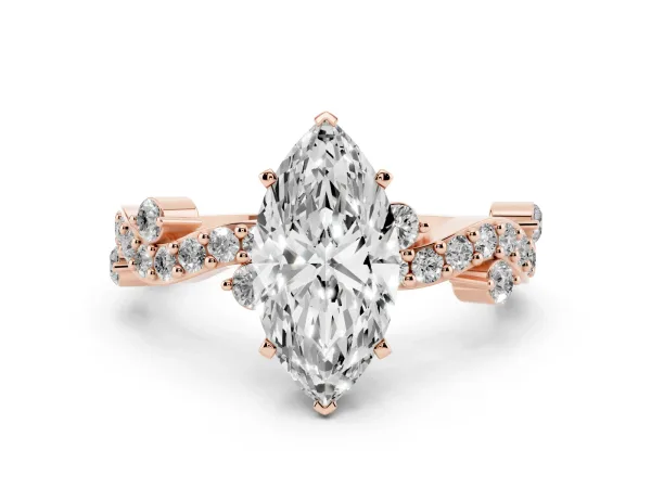 Marquise Cut Cut Solitaire Diamond Twisted Band with Pave Setting Rose gold