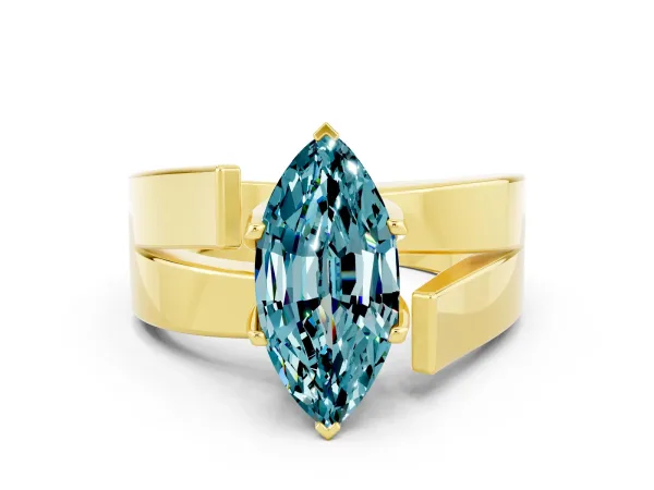 Modern Tension Set Marquise Cut Blue Topaz Solitaire Wide Band Ring Yellow gold