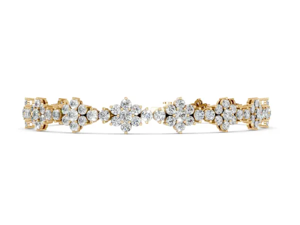 Round Diamond Floral Cluster Tennis Bracelet with Prong Setting Yellow gold