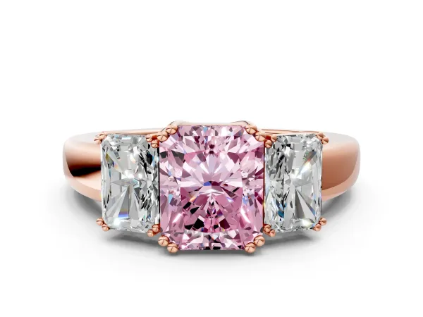 Fancy Pink Three-Stone Radiant Cut Cut Diamond Ring with Channel Set Band and Four-Prong Setting Rose gold
