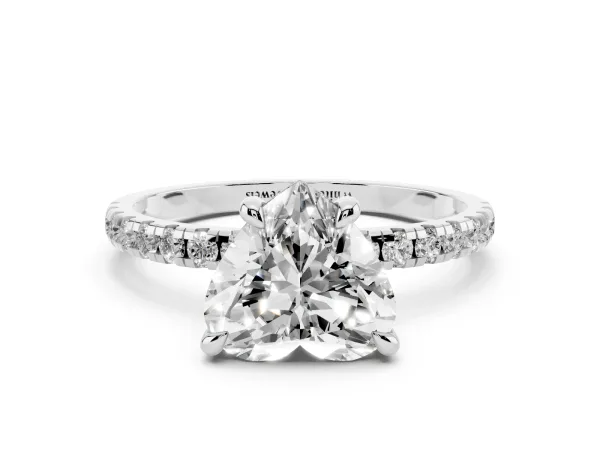 Heart Cut Diamond Brilliant Solitaire Ring with Pavé Band and Four-Prong Setting Platinum