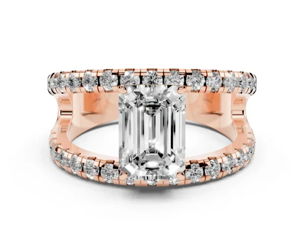 Emerald Cut Solitaire Split Shank Pave Diamond Ring Rose gold