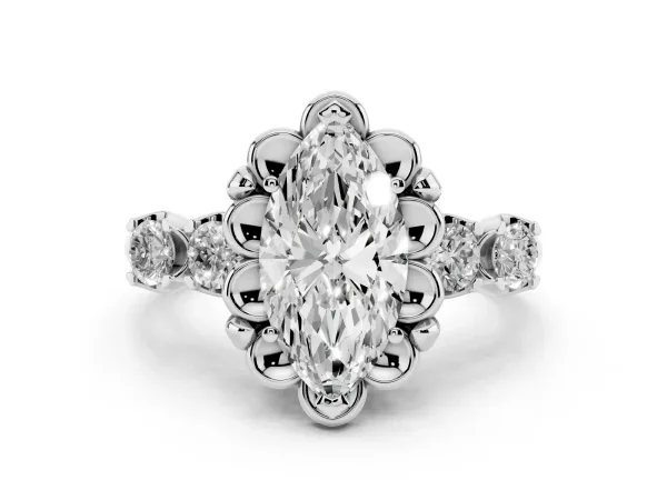 Marquise Cut Cut Diamond Floral Halo Engagement Ring with Shared Prong Setting Platinum