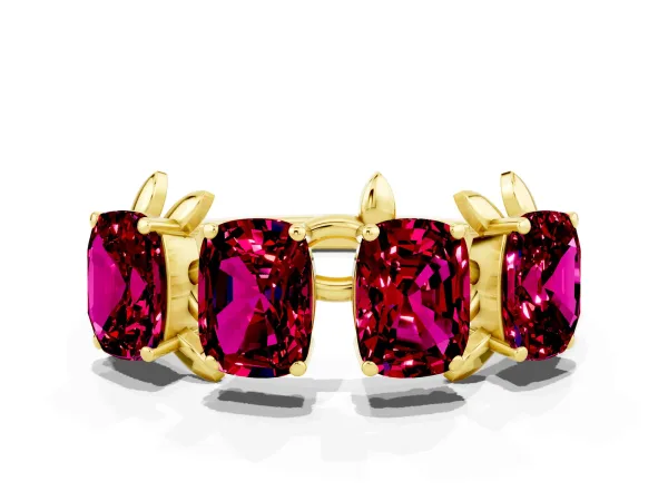 Four-Stone Elongated Cushion Garnet Band with Nature-Inspired Prong Setting Yellow gold