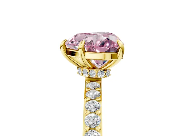 Fancy Pink Heart Cut Diamond Solitaire Engagement Ring with Pavé Band and Four-Prong Setting Yellow gold