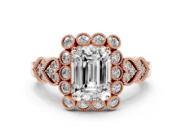 Emerald Cut Brilliant Milgrain Pave Heart Band Solitaire Ring Rose gold