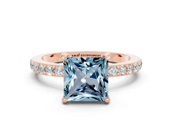 Princess Cut Aquamarine Solitaire Engagement Ring with Pavé Band and Four-Prong Setting Rose gold