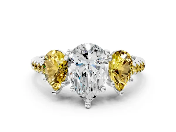 Three-Stone Pear Cut Diamond Ring with Round Yellow Sapphire Pavé Band and Prong Setting White gold