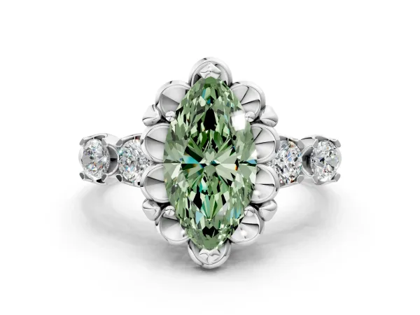 Fancy Green Marquise Cut Cut Diamond Floral Halo Engagement Ring with Shared Prong Setting Platinum
