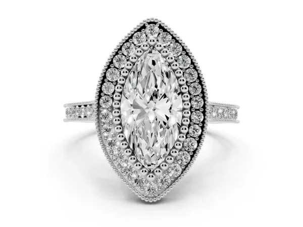 Marquise Cut Diamond Halo Ring with Milgrain Frame and Pavé Band Platinum