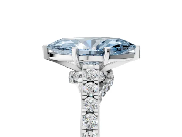 Fancy Blue Marquise Cut Diamond Solitaire Ring with Crossover Gallery and Round Pavé Band White gold