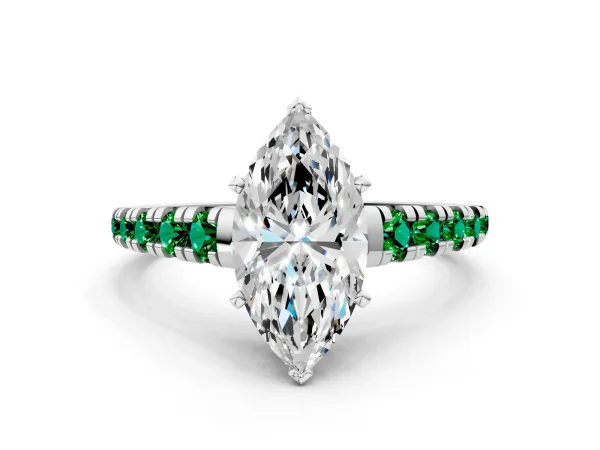 Marquise Cut Diamond Cathedral Solitaire Ring with Round Emerald Pavé Band White gold