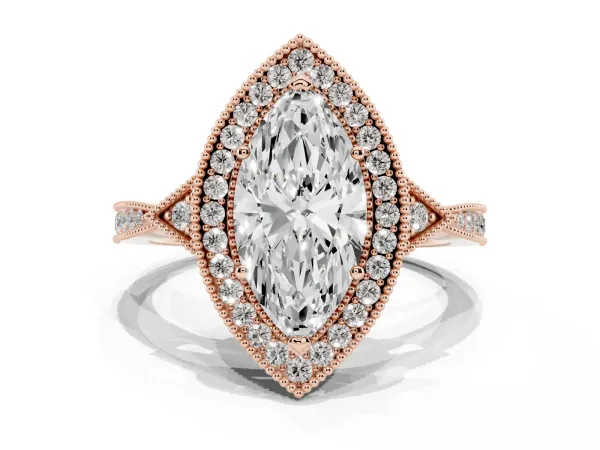Marquise Cut Halo Round Diamond Milgrain Pave Engagement Ring Rose gold