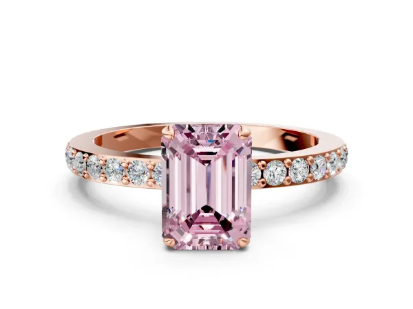 Fancy Pink Emerald Cut Diamond Solitaire Engagement Ring with Pavé Band and Four-Prong Setting Rose gold
