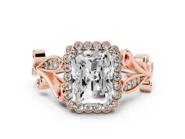Radiant Cut Diamond Halo Ring with Vintage Split Shank and Four-Prong Setting Rose gold