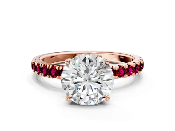Round Cut Diamond Pave Band Solitaire Ring with Round Garnet and Prong Setting Rose gold