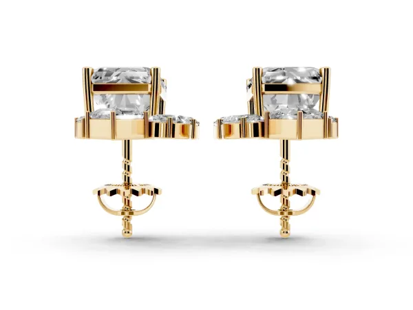 Emerald Cut Diamond Stud Earrings with Round and Oval Accents Yellow gold