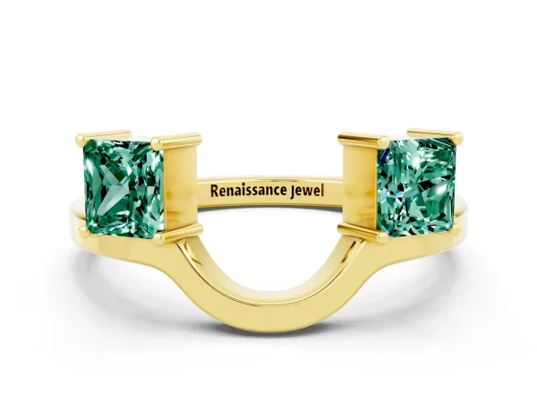 Princess Cut Green Sapphire Two-Stone Open Band Ring with Four-Prong Setting Yellow gold