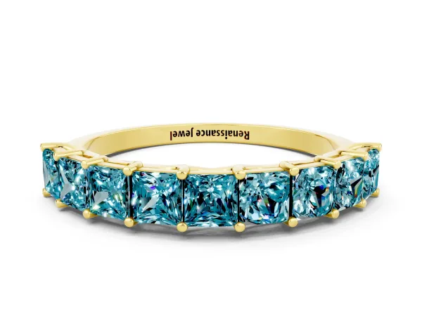 Princess Cut Blue Topaz Channel-Set Eternity Band with Prong Setting Yellow gold