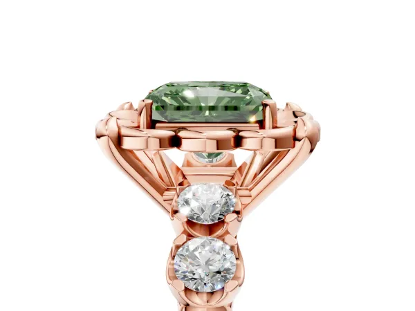 Fancy Green Radiant Cut Cut Diamond Floral Halo Engagement Ring with Shared Prong Setting Rose gold