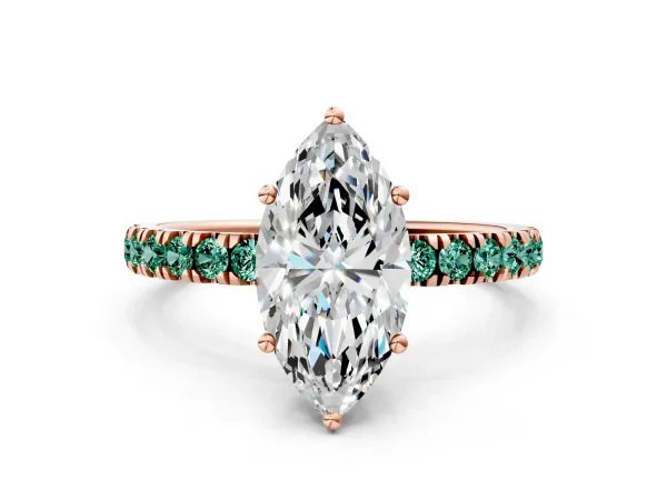 Marquise Cut Diamond Pave Band Solitaire Ring with Round Green Sapphire and Prong Setting Rose gold