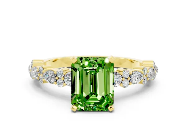 Emerald Cut Peridot Side Stone Solitaire Ring with Round and Four-Prong Setting Yellow gold