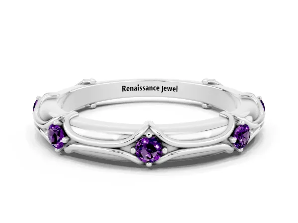 Round Amethyst Prong Set Milgrain Eternity Band Platinum